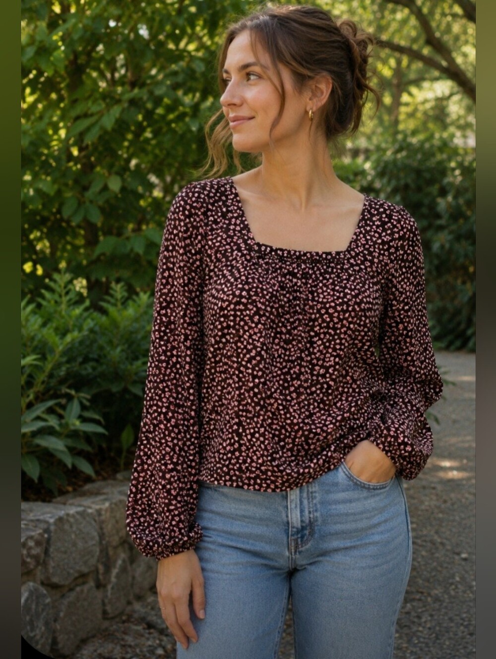 Universal Thread Black Brown Floral Long Puff Sleeve Blouse XS Business Casual
